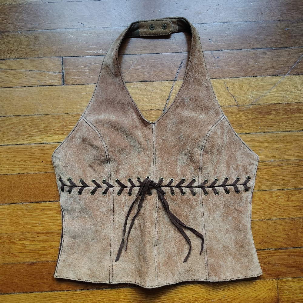 Western Wilsons Leather Tan Suede Boot Cut Pants & Halter Corset Top Set - Picture 2 of 8